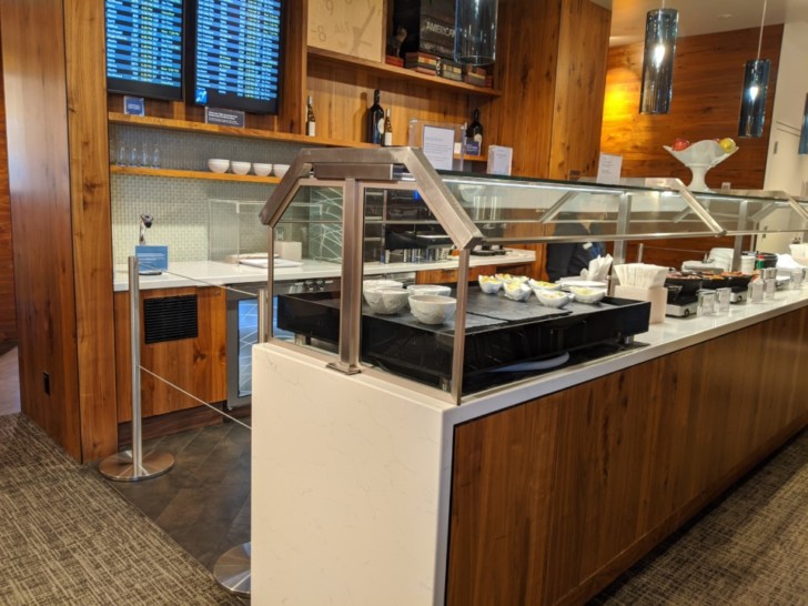 a buffet with food on the counter