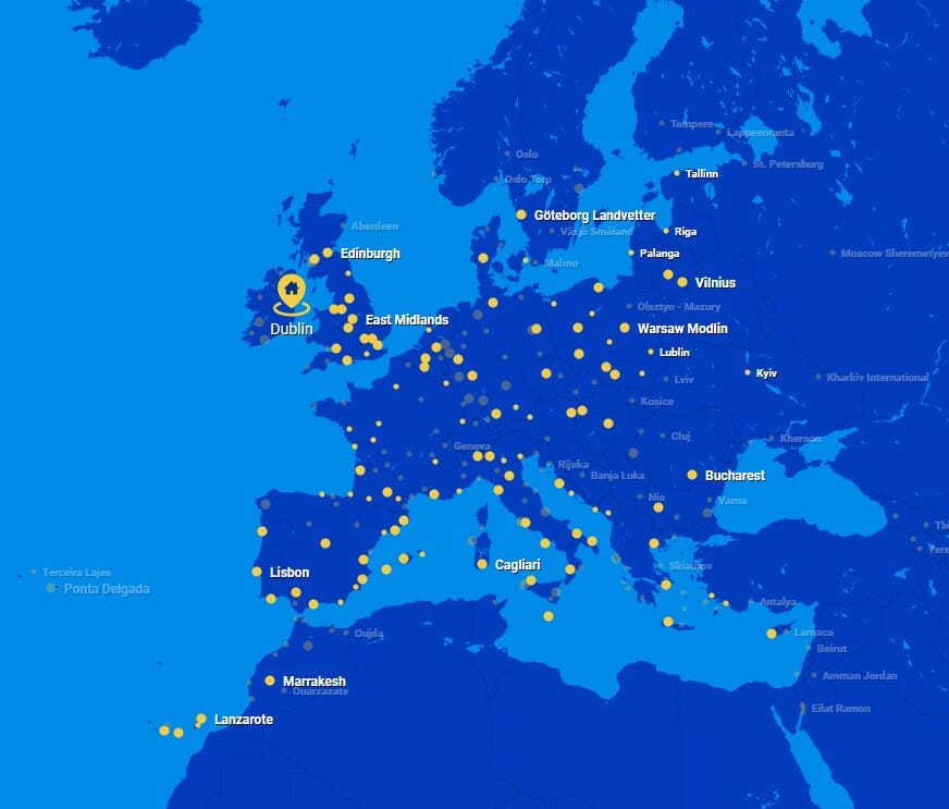 a map of europe with yellow dots