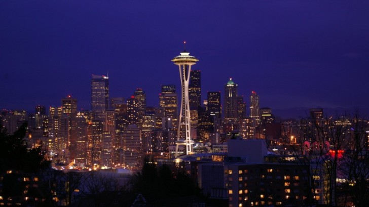 Space Needle skyline at night with the space needle