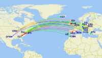 a map of the world with different colored lines