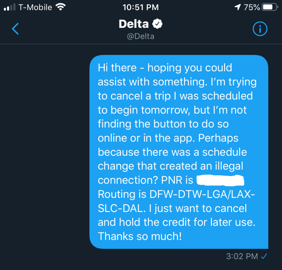 Reaching out to Delta Twitter Customer Service