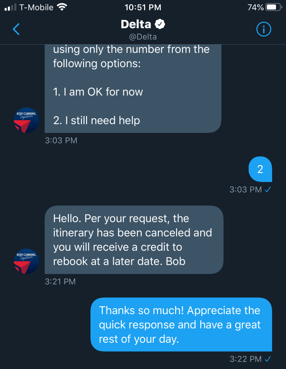 Airline Twitter Customer Service - Delta resolution