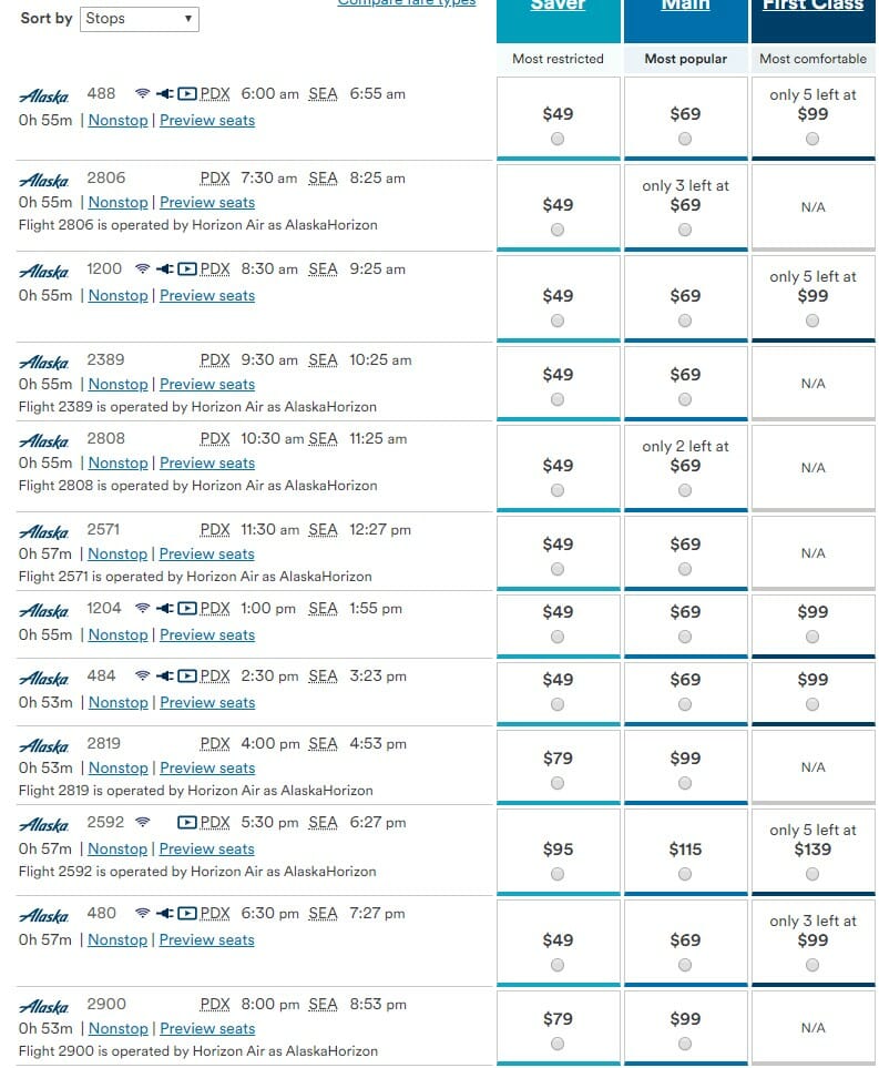 a screenshot of a flight schedule