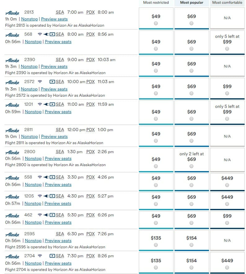 a screenshot of a flight schedule