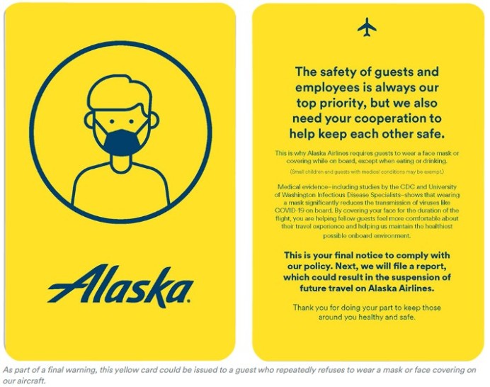 Alaska Airlines Will “Yellow Card” for Not Wearing a Mask