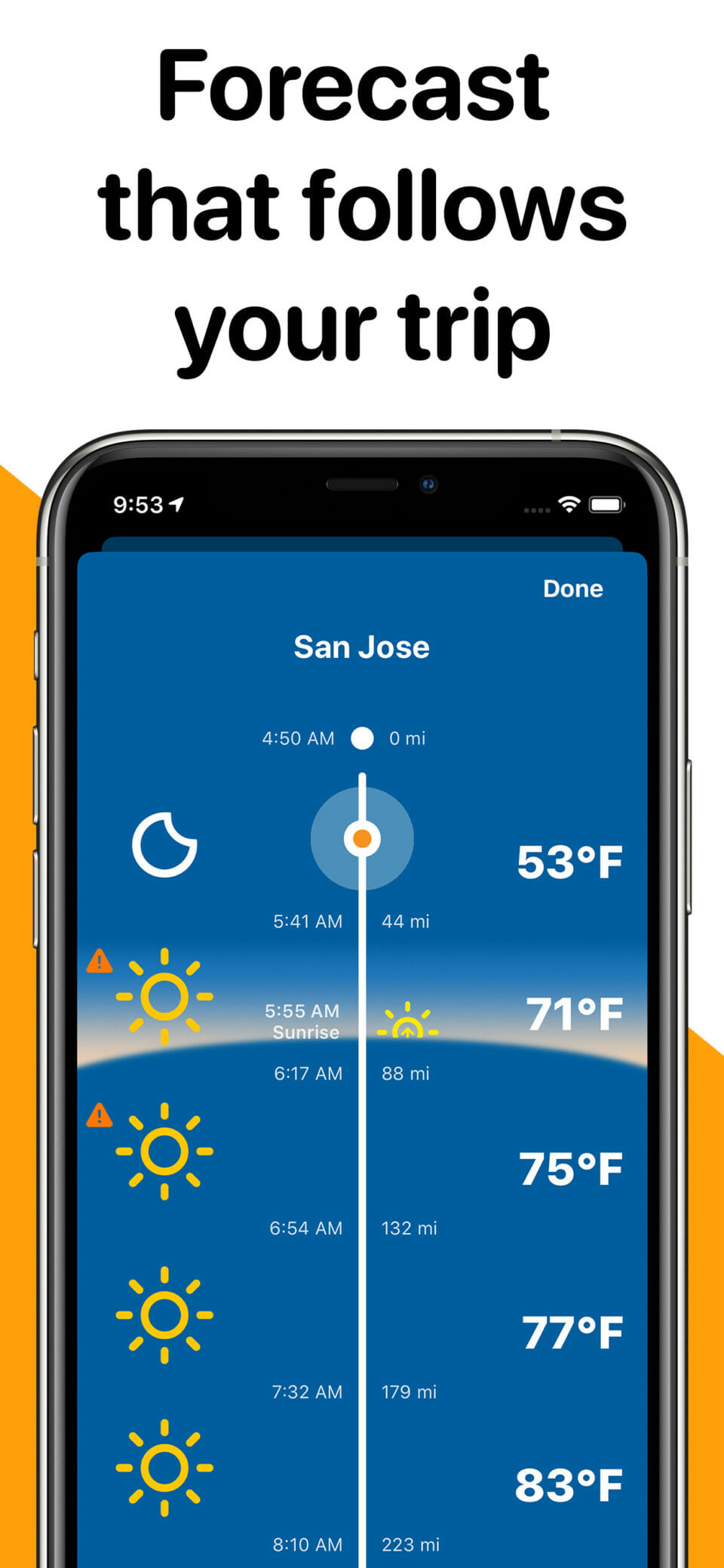 Weather on the Way app timeline view