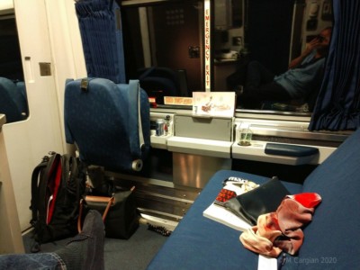 a person sitting on a train seat