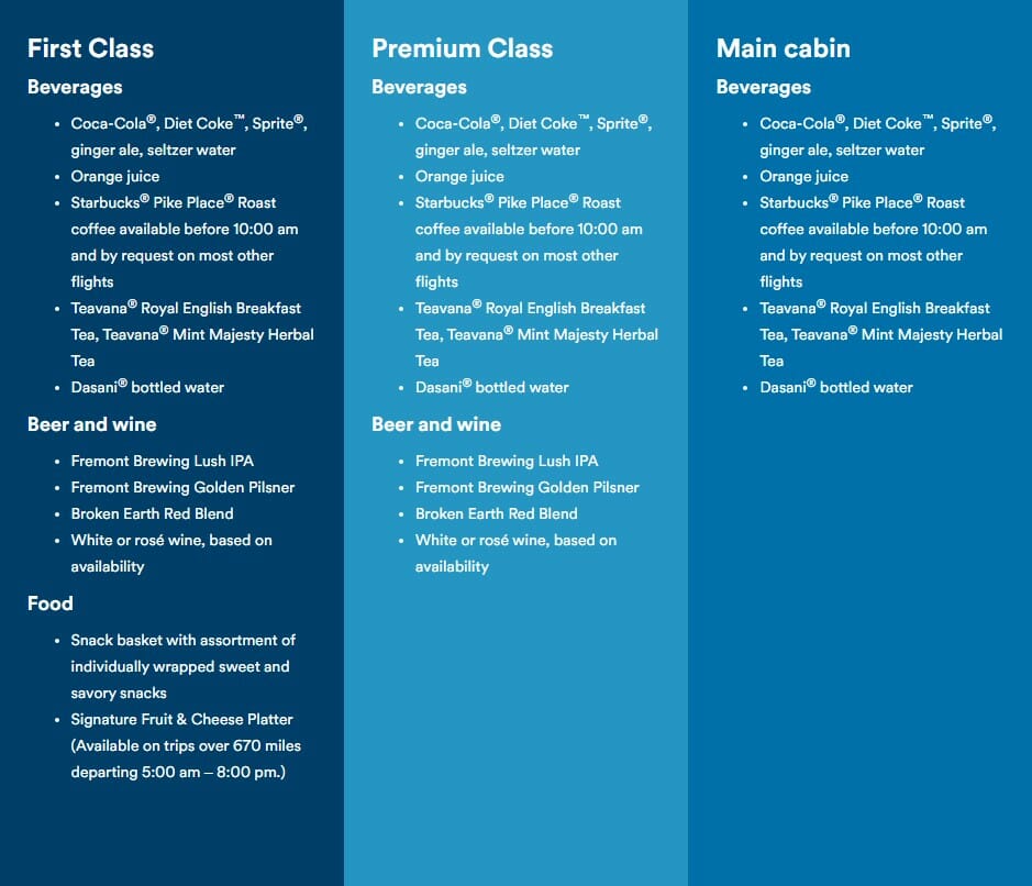 a menu of a flight
