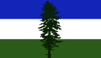 a silhouette of a tree in front of a blue and white flag