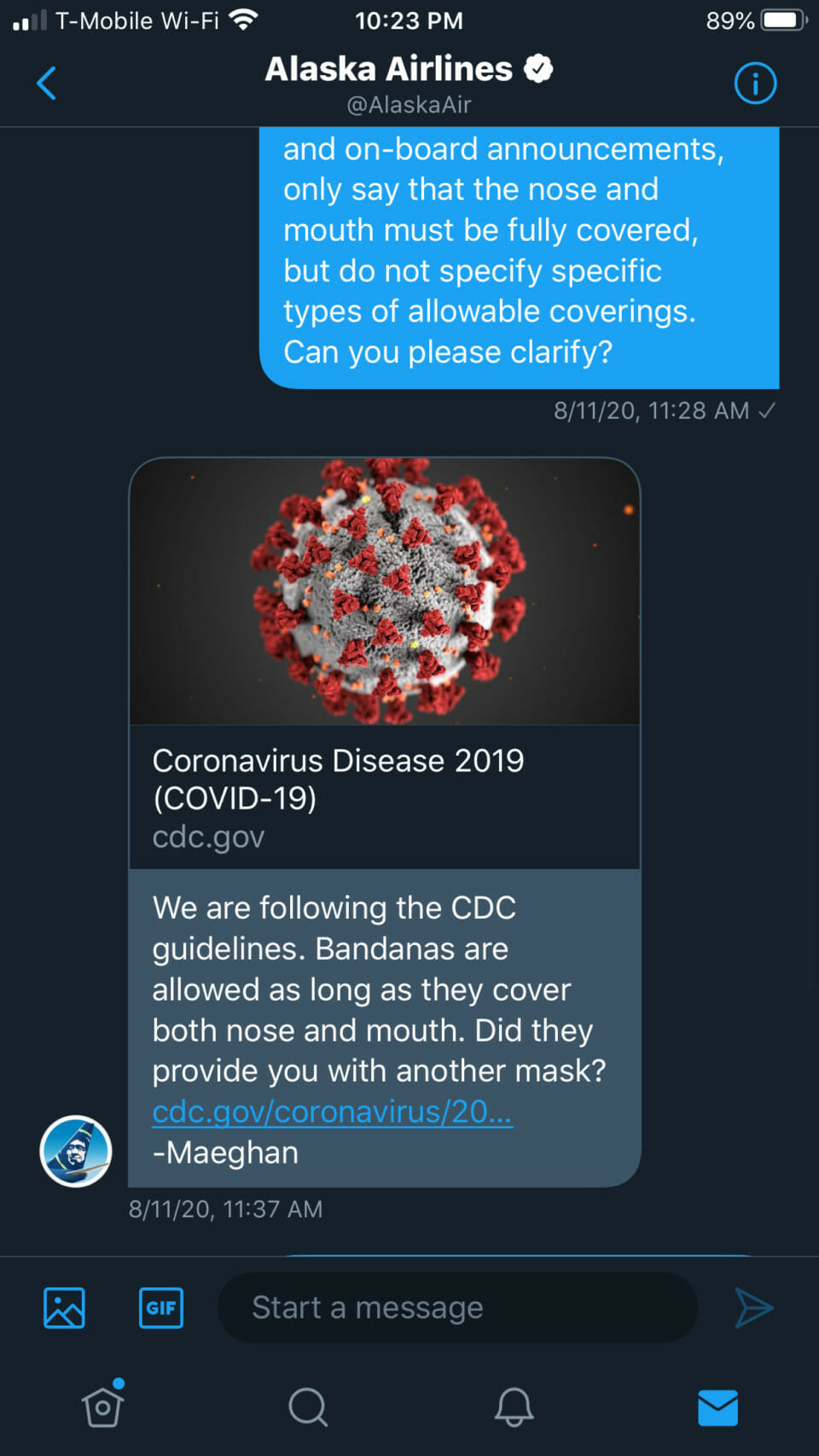 Airline mask enforcement - Alaska response to bandana question