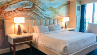 a bed with a white bed and two lamps