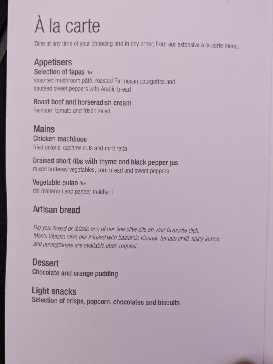 Qatar Business class menu