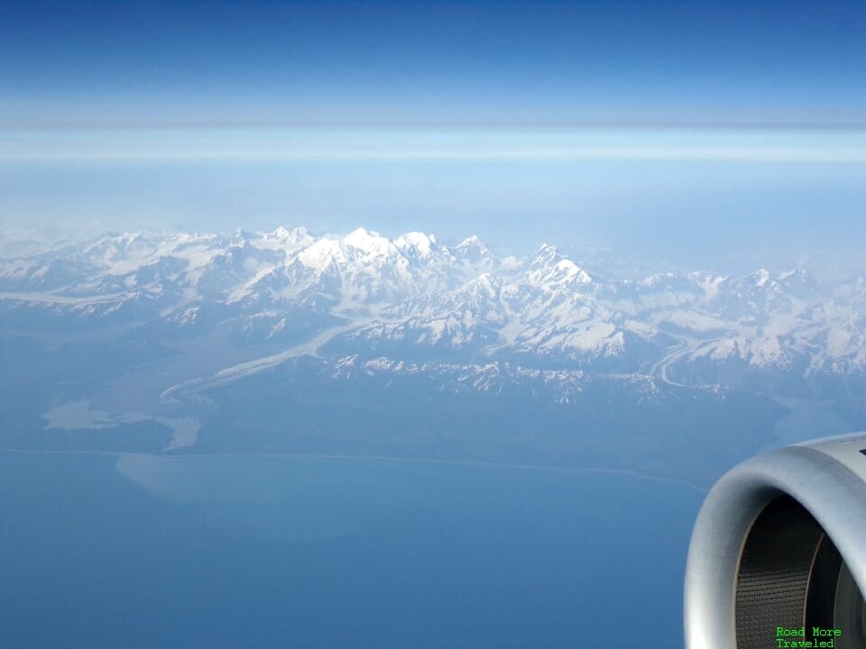 Glacier-covered mountains and Gulf of Alaska