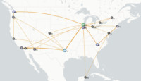 a map of the world with orange lines