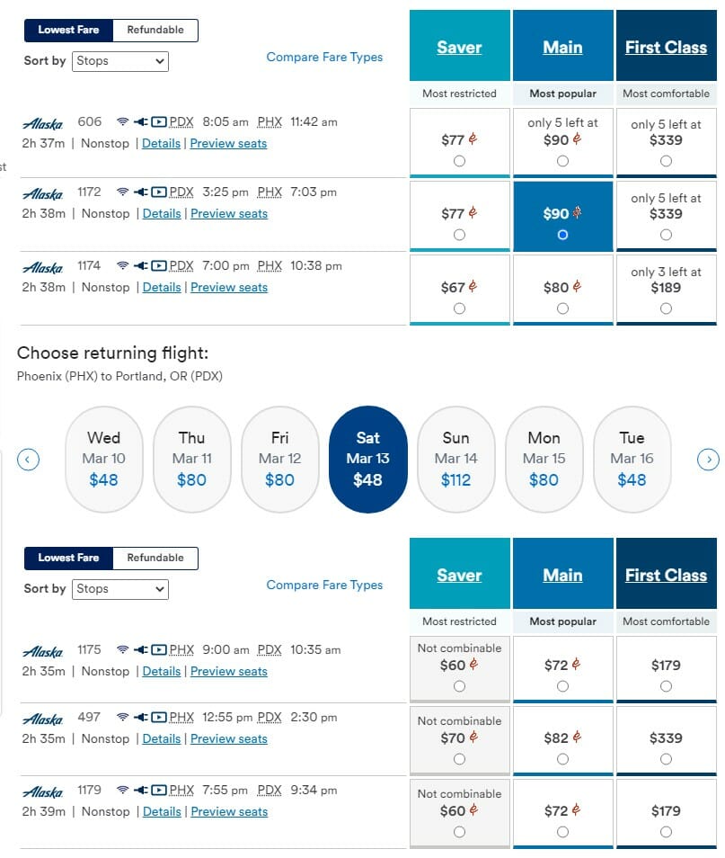 screens screenshot of a flight schedule