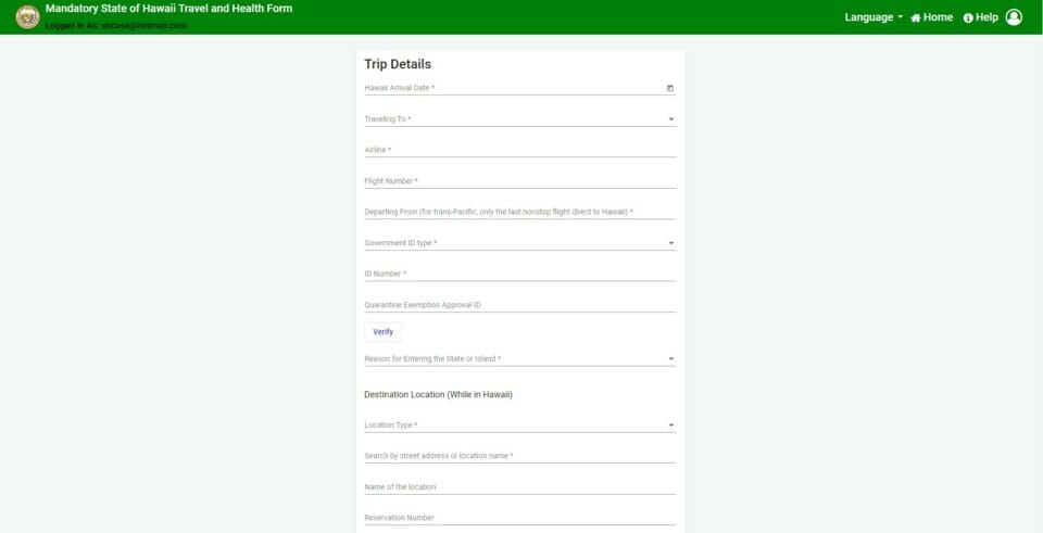 a screenshot of a trip form