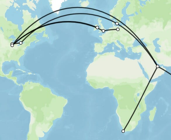 a map of the world with a route
