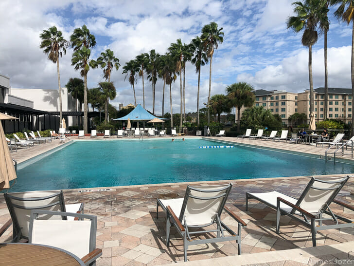 a pool with chairs and palm trees