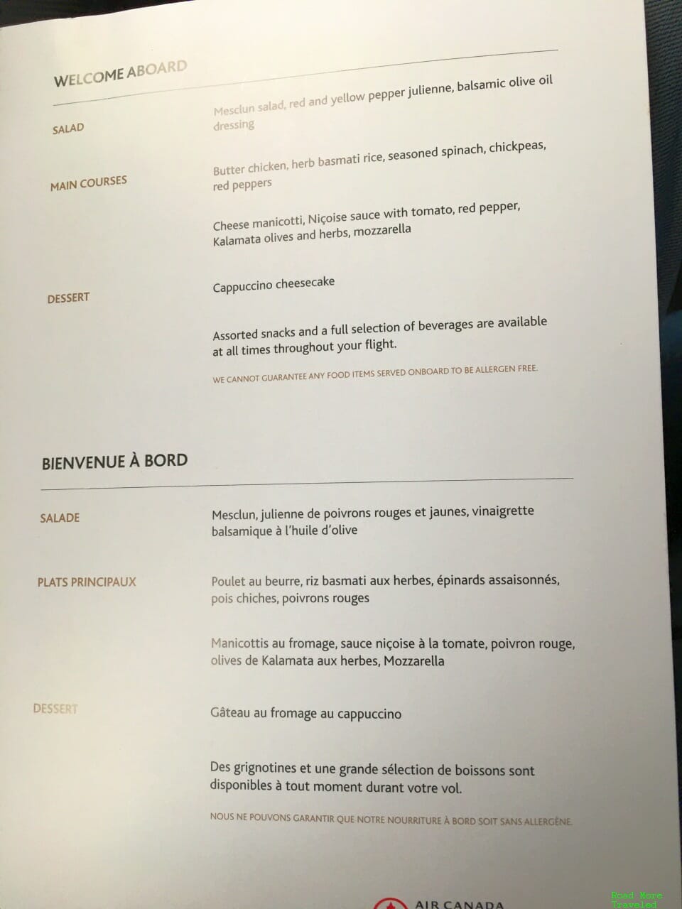 Air Canada B789 Premium Economy food menu