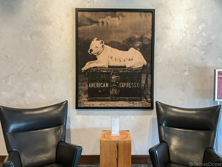 a picture of a dog on a box on a table next to two chairs