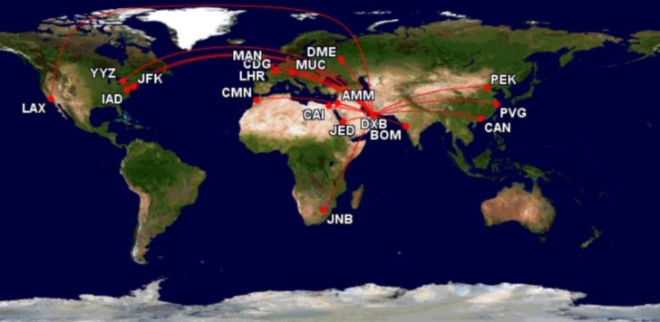 a map of the world with red lines