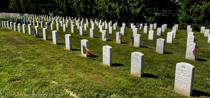 a group of gravestones in a cemetery with Arlington National Cemetery in the background