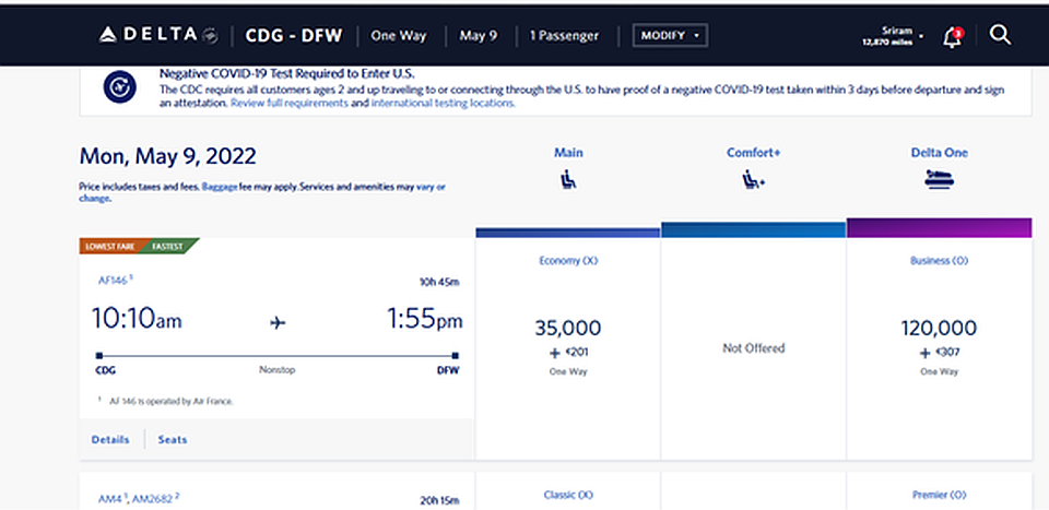 Delta SkyMiles Partner Award Pricing Differences - SkyMiles CDG-DFW