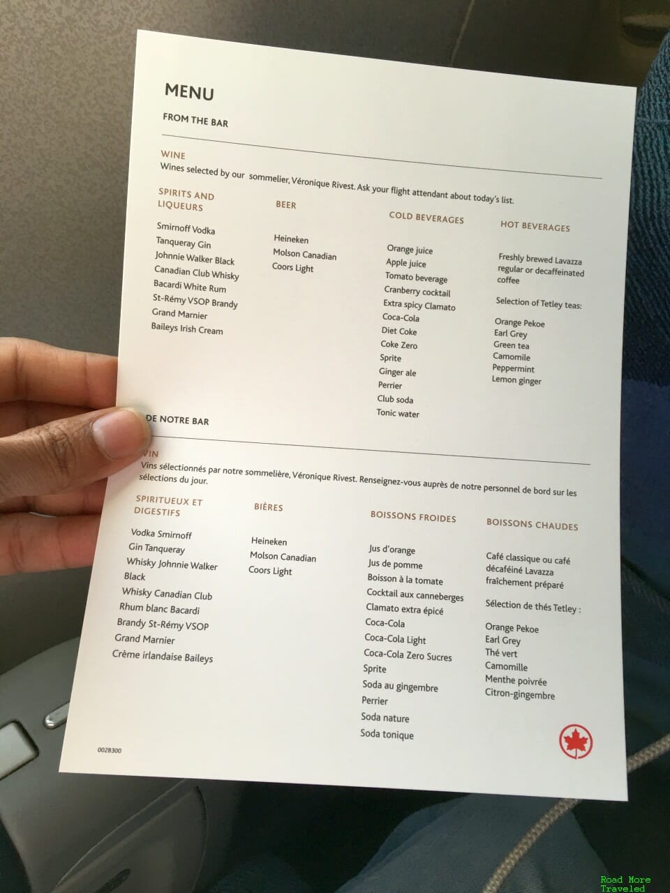 Air Canada E175 Business Class - beverage menu