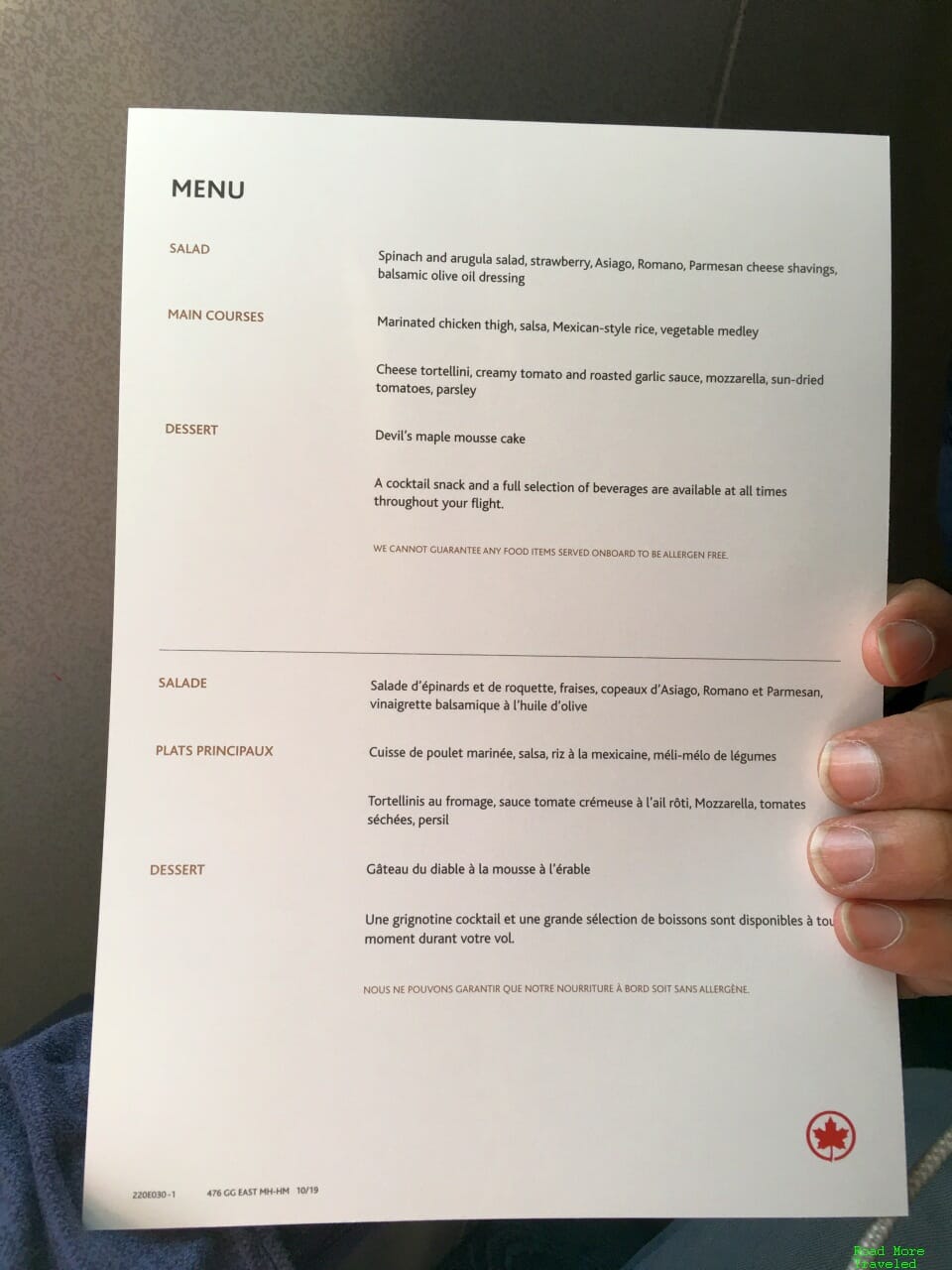 Air Canada E175 Business Class - lunch menu