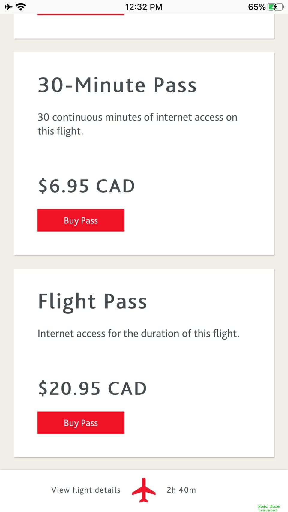 Air Canada E175 Business Class - WiFi pricing