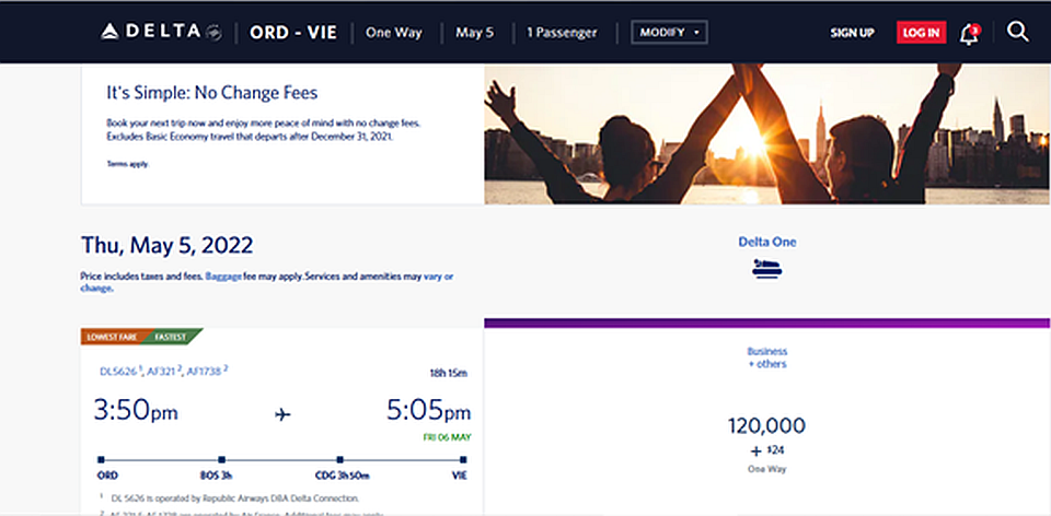 Delta SkyMiles Partner Award Pricing Differences - ORD-VIE