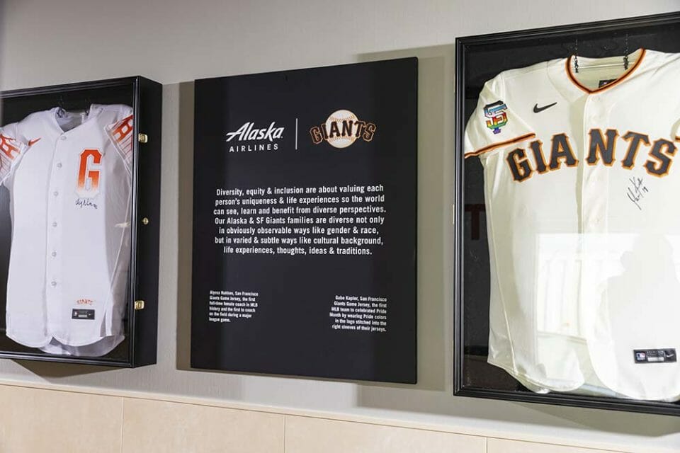a group of sports jerseys in a display case