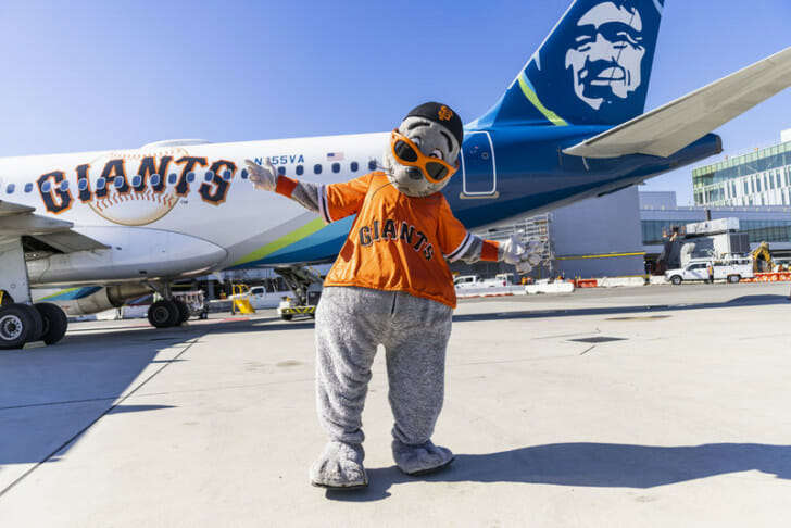 a person wearing an animal garment standing in front of an airplane