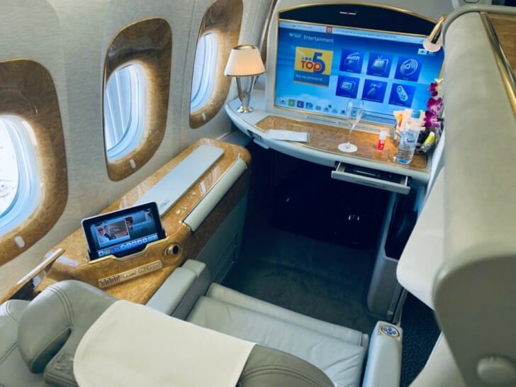 a desk in an airplane