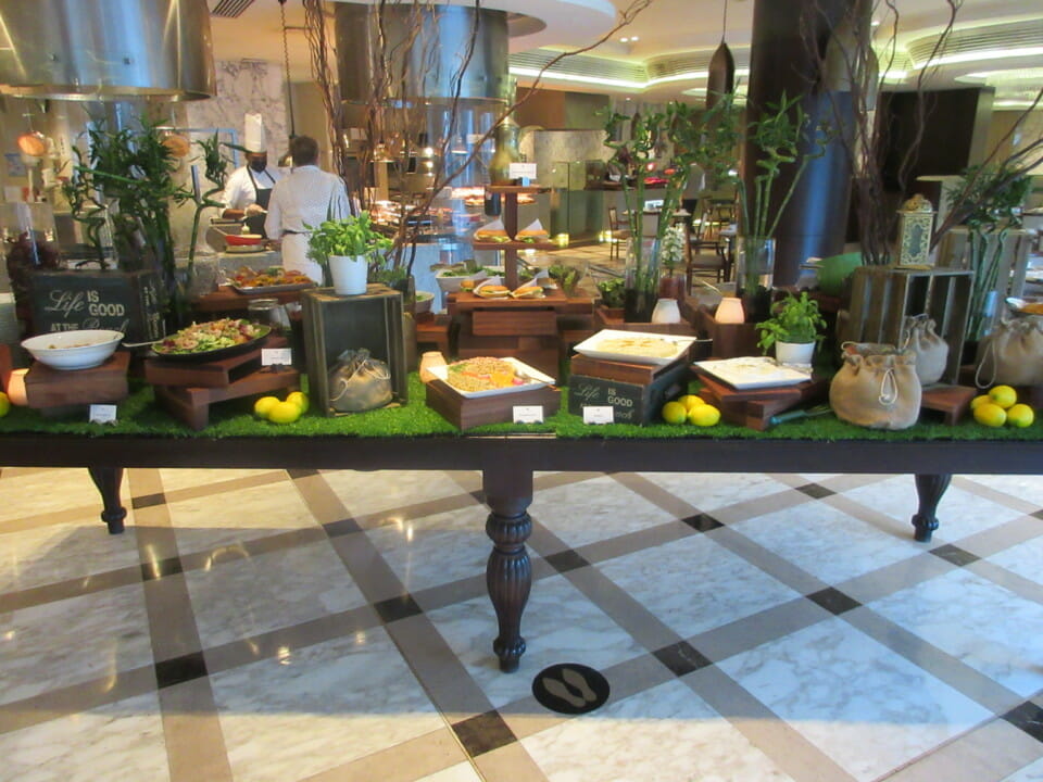 a buffet table with food on it
