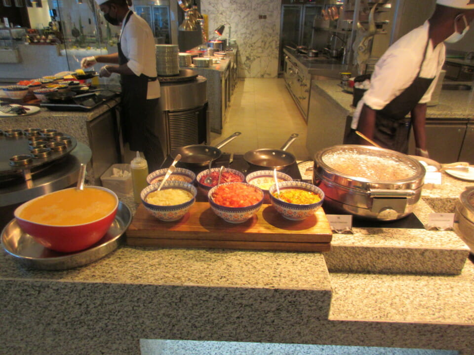 a kitchen with bowls of food