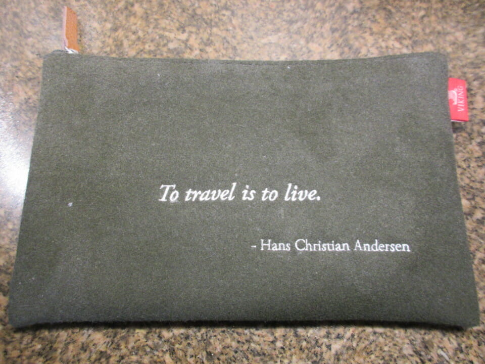 a green bag with white text