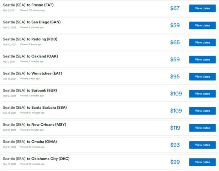 a screenshot of a list of flights