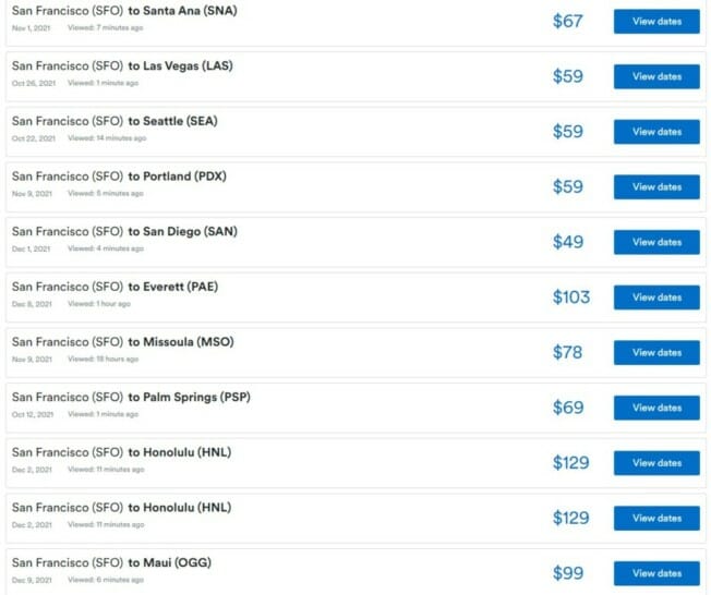 a screenshot of a list of flights
