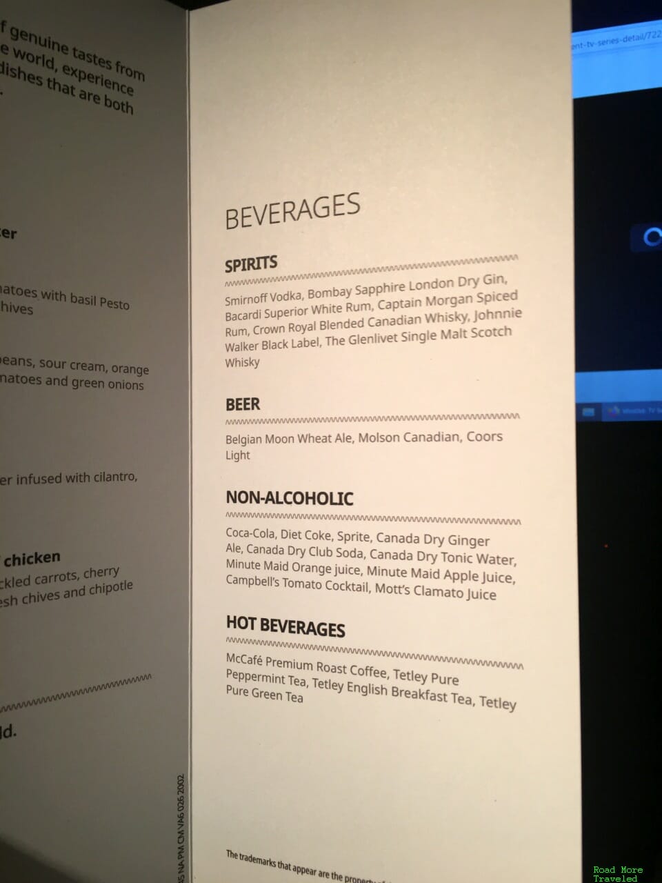 WestJet Premium beverage menu