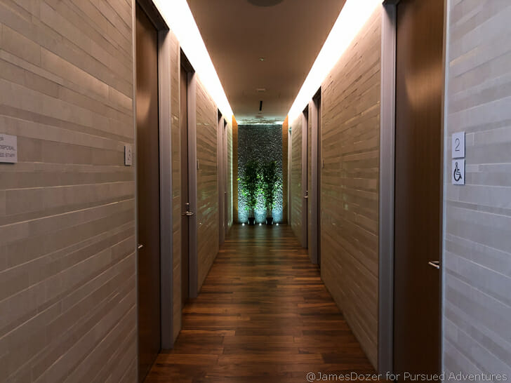 a hallway with doors and a wall of plants