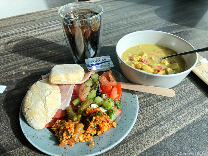 a plate of food and a bowl of soup