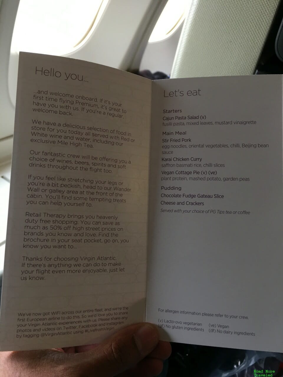 Virgin Atlantic B747 Premium Economy - food menu