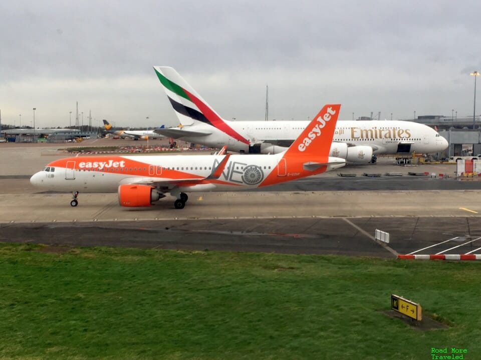 easyJet A320neo and Emirates A380 at MAN