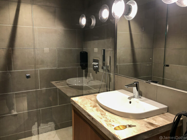 a bathroom with a sink and a shower