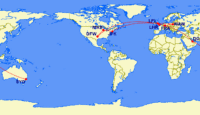 a map of the world with red lines