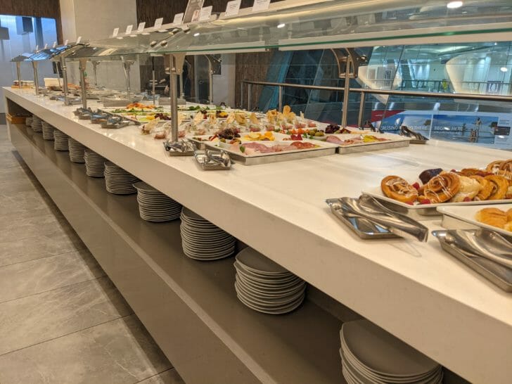 a buffet table with food on it