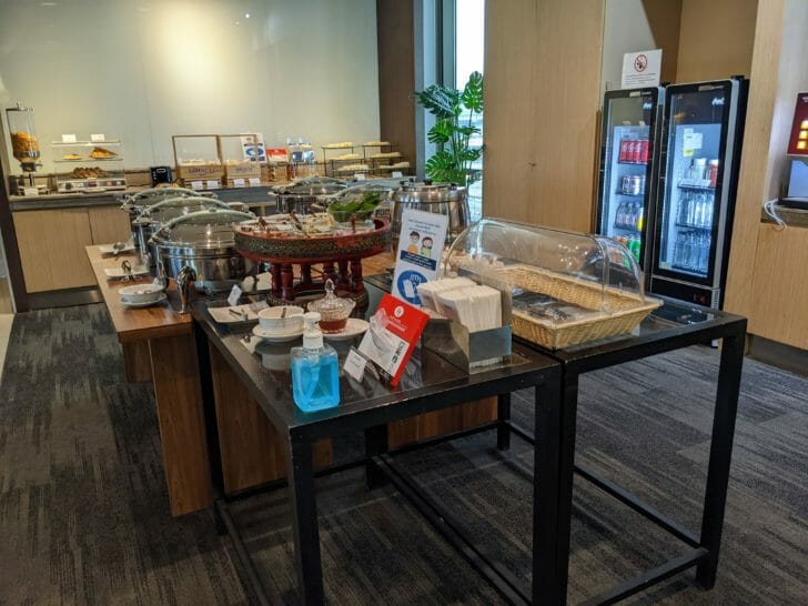a buffet table with food on it