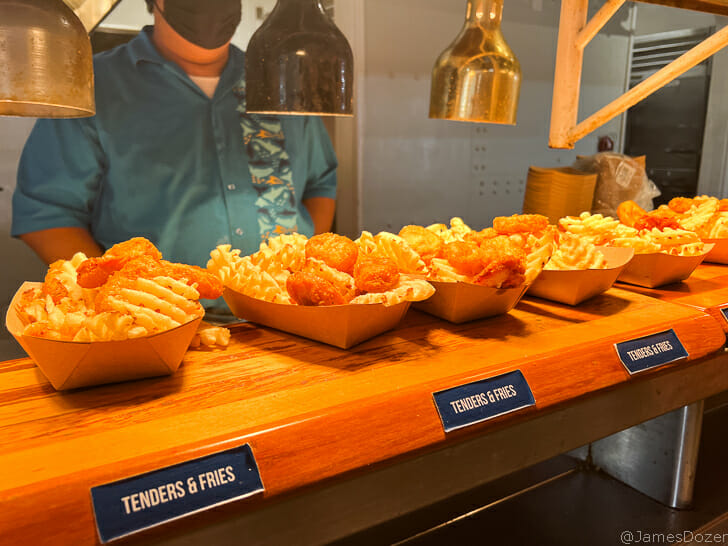 a group of food in a row on a counter