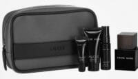 a black cosmetic bag with black bottles